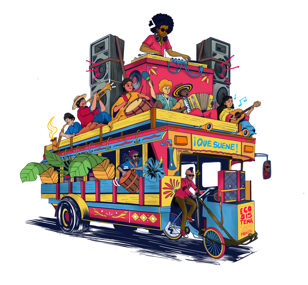 Ilustración oficial de músicos, DJ y vehículo musical de Celebra la Música 2026